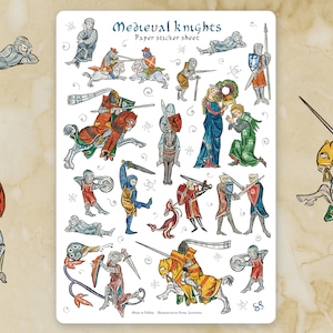 Foglio di adesivi - CAVALIERI MEDIEVALI - Adesivi storici divertenti e stravaganti per diario, pianificatore, artigianato, laptop, album. Cavaliere in armatura