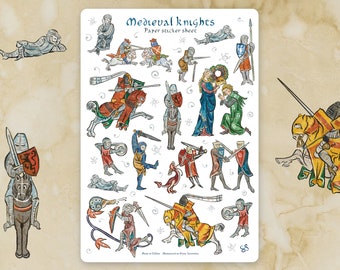 Sticker sheet - MEDIEVAL KNIGHTS- Funny whimsical historical stickers for journaling, planner, craft, laptop, scrapbook. Knight in armor
