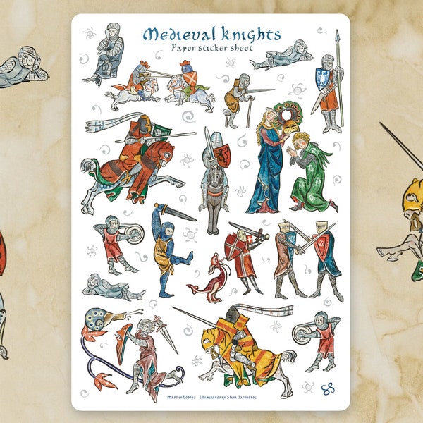 Sticker sheet - MEDIEVAL KNIGHTS- Funny whimsical historical stickers for journaling, planner, craft, laptop, scrapbook. Knight in armor