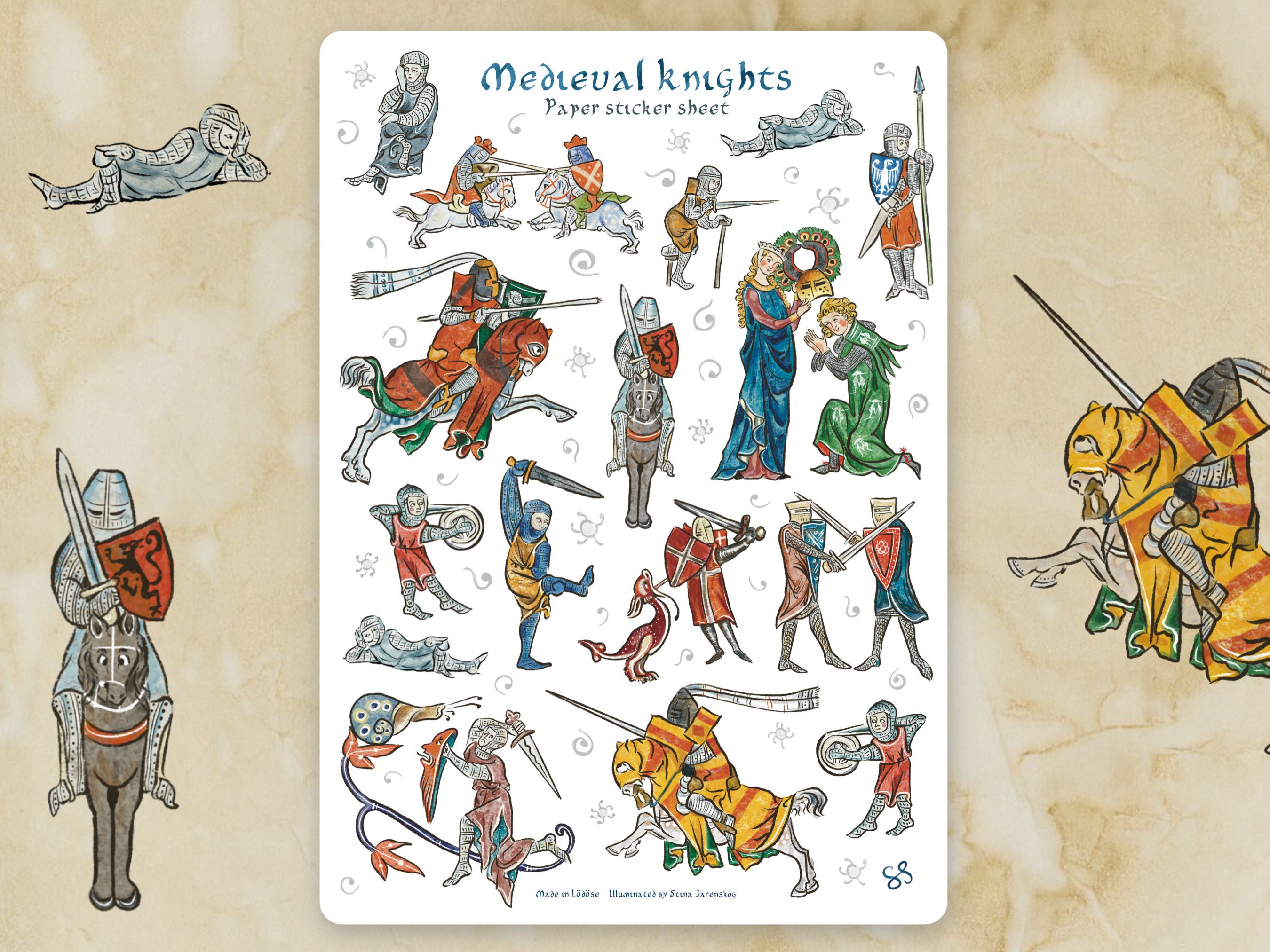 Sticker sheet - MEDIEVAL KNIGHTS- Funny whimsical historical stickers for journaling, planner, craft, laptop, scrapbook. Knight in armor