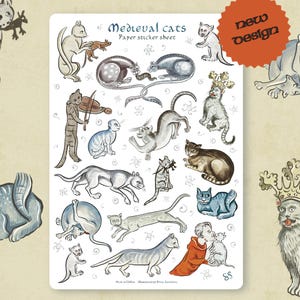 Hoja de pegatinas - GATOS MEDIEVALES - ¡Actualizada! Divertidas y originales pegatinas históricas para diario, agenda, manualidades, portátil y álbum de recortes. Notas marginales de gatos.