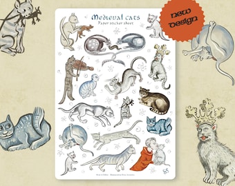 Sticker Bogen - MITTELALTERLICHE KATZEN - AKTUALISIERT! Lustige historische Aufkleber für Journaling, Planer, Handwerk, Laptop, Scrapbook. Katzen Marginalie