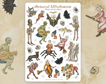 Sticker sheet - MEDIEVAL ALLHALLOWTIDE (Halloween) - Weird whimsical historical stickers for journaling, planner, craft, laptop, scrapbook.