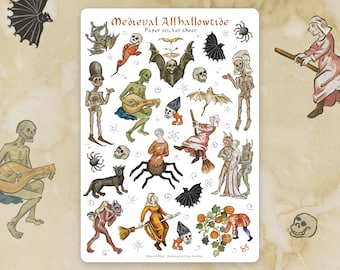 Sticker sheet - MEDIEVAL ALLHALLOWTIDE (Halloween) - Weird whimsical historical stickers for journaling, planner, craft, laptop, scrapbook.