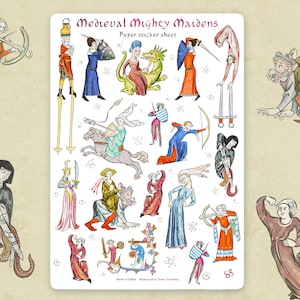 Stickervel - MIDDELEEUWSE MIGHTY MAIDENS - Grappige grillige historische stickers voor journaling, planner, ambacht, laptop, plakboek. Coole vrouwen