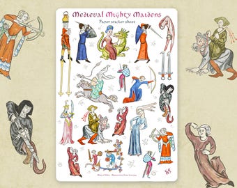 Sticker sheet - MEDIEVAL MIGHTY MAIDENS  - Funny whimsical historical stickers for journaling, planner, craft, laptop, scrapbook. Cool Women