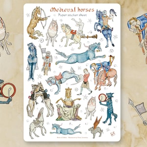 Foglio di adesivi - CAVALLI MEDIEVALI - Adesivi bizzarri e fantasiosi raffiguranti cavalli storici, per tenere diari, pianificare, creare, laptop, album.