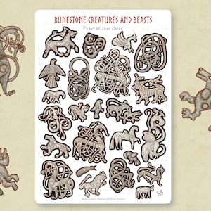 Foglio di adesivi - RUNESTONE Creature e bestie - GRIGIO - journaling, planner, storico, rune vichinghe, norvegesi, scrapbooking, cancelleria
