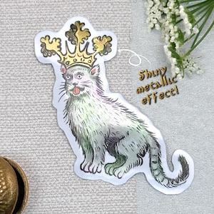Gatto reale strano - effetto metallico - adesivo in vinile, impermeabile, marginalia medievale, gatti, storico, Medioevo, divertente, stravagante, re dei gatti