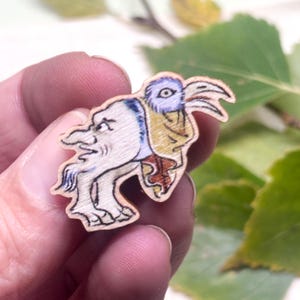 Wooden pin - MEDIEVAL BIRD GUY- Eco-friendly whimsical marginalia pin. Wearable historical weirdness for your coat, bag, or clothes!
