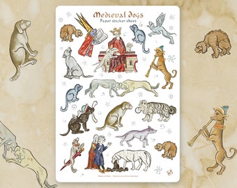 May include: A sticker sheet titled "Medieval Dogs" featuring various dog illustrations in a medieval style. The dogs are depicted in different poses and colors, some with hats and musical instruments. The background is a parchment-like texture.