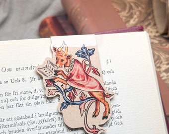 Magnetic bookmark - MEDIEVAL READING COW, Funny whimsical historical bookmark with magnet inspired by marginalia from medieval manuscript.