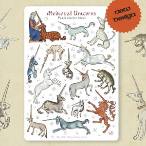 Sticker sheet - MEDIEVAL UNICORNS - Updated! Fun whimsical historical stickers for journaling planners, craft, laptop, scrapbook. Marginalia