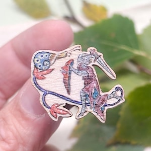 Wooden pin - KNIGHT FIGHTING SNAIL- Eco-friendly whimsical marginalia pin. Wearable historical weirdness for your coat, bag, or clothes!