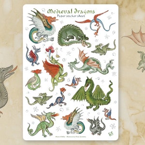 Stickervel - MIDDELEEUWSE DRAKEN - Grappige grillige historische stickers voor journaling, planners, ambacht, laptop, plakboek. Marginaliakunst