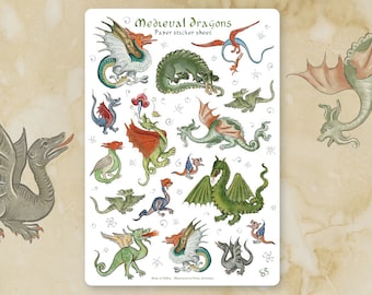 Sticker sheet - MEDIEVAL DRAGONS - Funny whimsical historical stickers for journaling, planners, craft, laptop, scrapbook. Marginalia art