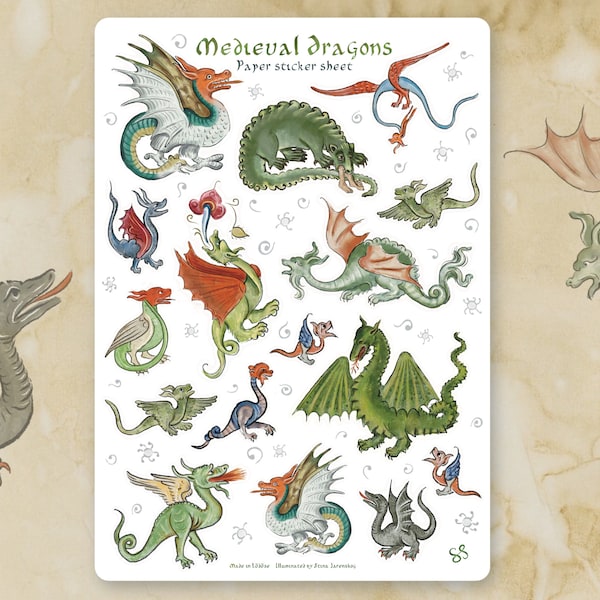 Sticker sheet - MEDIEVAL DRAGONS - Funny whimsical historical stickers for journaling, planners, craft, laptop, scrapbook. Marginalia art