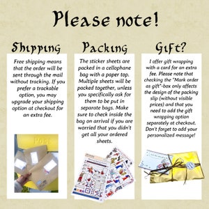 May include: Image with text: "Please note!" and sections on shipping, packing, and gift options. Includes examples of packaging, sticker sheets, and gift wrapping with a card.
