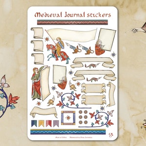 Stickervel - MIDDELEEUWS TIJDSCHRIFT - Grappige grillige historische stickers voor journaling, planner, ambacht, laptop, plakboek. Scrolllabels