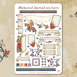 Sticker sheet - MEDIEVAL JOURNAL - Funny whimsical historical stickers for journaling, planner, craft, laptop, scrapbook. Scroll labels