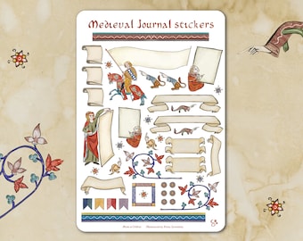 Sticker sheet - MEDIEVAL JOURNAL - Funny whimsical historical stickers for journaling, planner, craft, laptop, scrapbook. Scroll labels