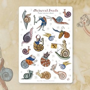 Foglio di adesivi - MEDIEVAL SNAILS - Adesivi storici divertenti e stravaganti per diari, agende, artigianato, laptop, album. Cavaliere della lotta delle lumache