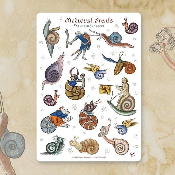 Sticker sheet - MEDIEVAL SNAILS - Funny whimsical historical stickers for journaling, planners, craft, laptop, scrapbook. Snail fight knight