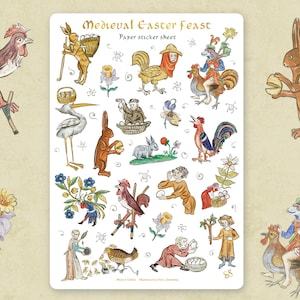 Folha de adesivos - FESTA DE PÁSCOA MEDIEVAL - Adesivos históricos engraçados e caprichosos para diário, planejador, artesanato, laptop, scrapbook. Coelhos galinhas