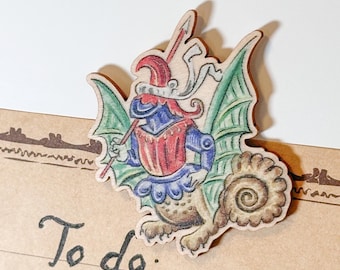 Holzmagnet - MITTELALTERLICHER CHIMERA RITTER - Umweltfreundlicher, skurriler Marginalia-Kühlschrankmagnet. Lustige historische Kuriositäten für die Küche!
