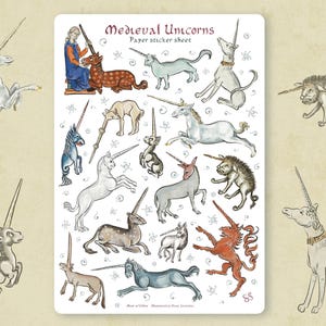 May include: A paper sticker sheet titled Medieval Unicorns featuring various illustrations of unicorns in different poses and colours, including white, blue, and red, with a person interacting with one unicorn and small decorative swirl patterns.