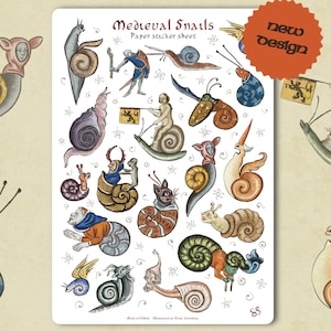 Aufkleber Bogen - MITTELALTERLICHE SCHNECKEN - Lustige skurrile historische Aufkleber für Journaling, Planer, Handwerk, Laptop, Scrapbook. Schneckenkampf Ritter