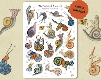 Sticker sheet - MEDIEVAL SNAILS - Funny whimsical historical stickers for journaling, planners, craft, laptop, scrapbook. Snail fight knight