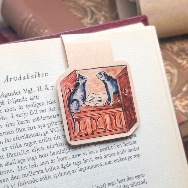 Magnetic bookmark - MEDIEVAL CAT & DOG, Funny whimsical historical bookmark with magnet inspired by marginalia from medieval manuscript.