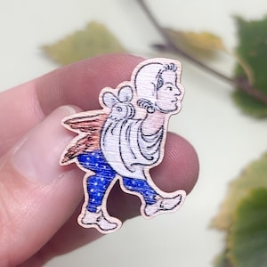 Wooden pin - MEDIEVAL MOUSE GUY- Eco-friendly whimsical marginalia pin. Wearable historical weirdness for your coat, bag, or clothes!