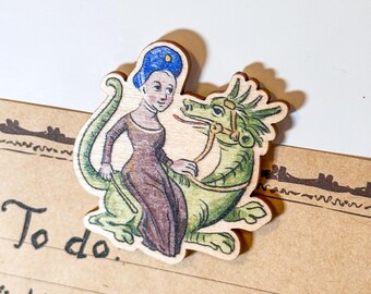 Holzmagnet - DRAGON RIDER - Umweltfreundlicher Marginalia-Kühlschrankmagnet. Lustige historische Kuriositäten für die Küche!