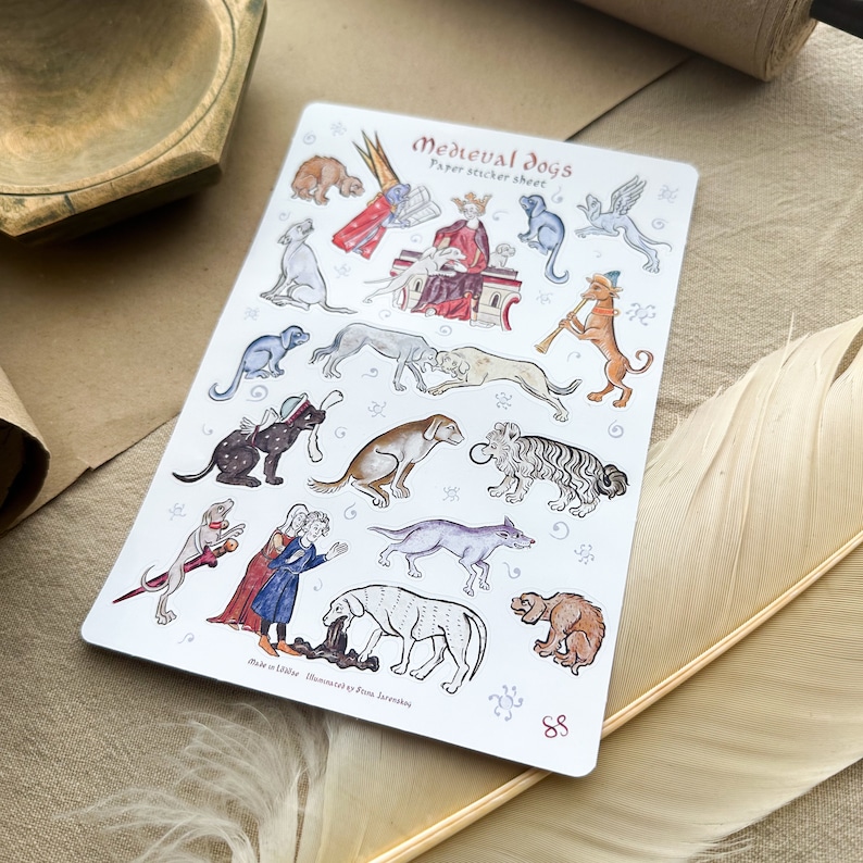 Medieval dog sticker sheet, whimsical paper sticker, funny historical stickers, medieval manuscript snails, renaissance illustration, gift for reenactor, silly historical art, knights fighting snail meme, marginalia stickers, stina jarenskog design