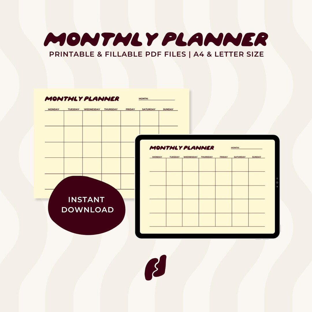 Undated Monthly Planner • Printable Landscape • One Page Calendar ...