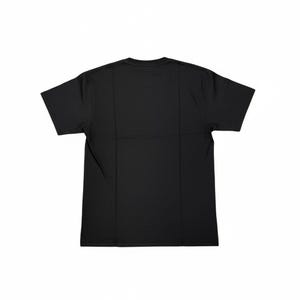 May include: A plain black t-shirt, viewed from the back, with short sleeves and a crew neck. The shirt is made of a smooth, opaque fabric and is neatly folded. The background is plain white, highlighting the shirt's simple design.
