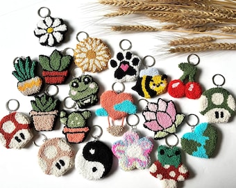 Punch Needle Keyring, Two-sided Handmade Embroidery, Tufted Keychain, Bag Charm, Fog, Mushroom, Cacti, Daisy Charm, Handmade Wholesale Gifts