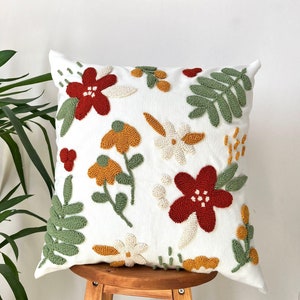 Handmade Punch Needle Pillow Cover: Tufted Floral Embroidered Cushion