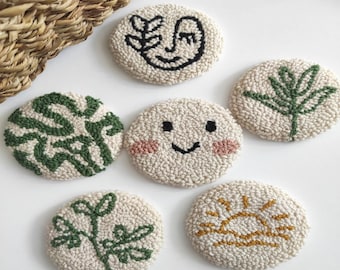 Punch Needle Car Coasters: Floral & Smiley Face Mini Rugs (Set of 2)