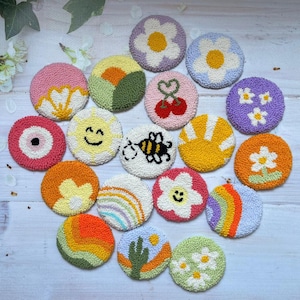 Punch Needle Car Coasters (Set of 2): Sun, Bee, Cactus, Daisy