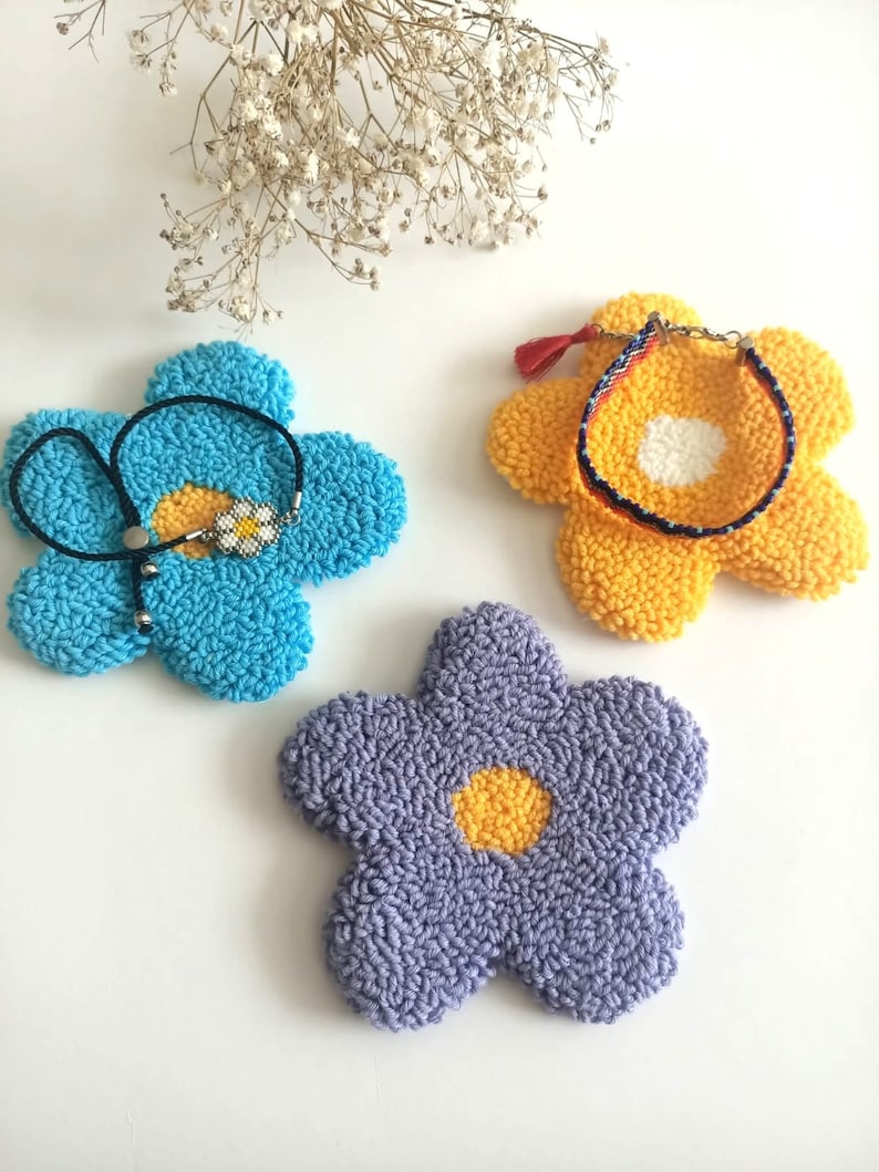 Set of 3 Coasters, Daisy Coaster Set, Colorful Mug Rug, Flower Coasters, Punch Needle Coasters, Handmade with Love image 6