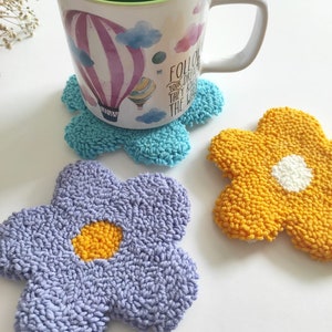 Set of 3 Coasters, Daisy Coaster Set, Colorful Mug Rug, Flower Coasters, Punch Needle Coasters, Handmade with Love image 2