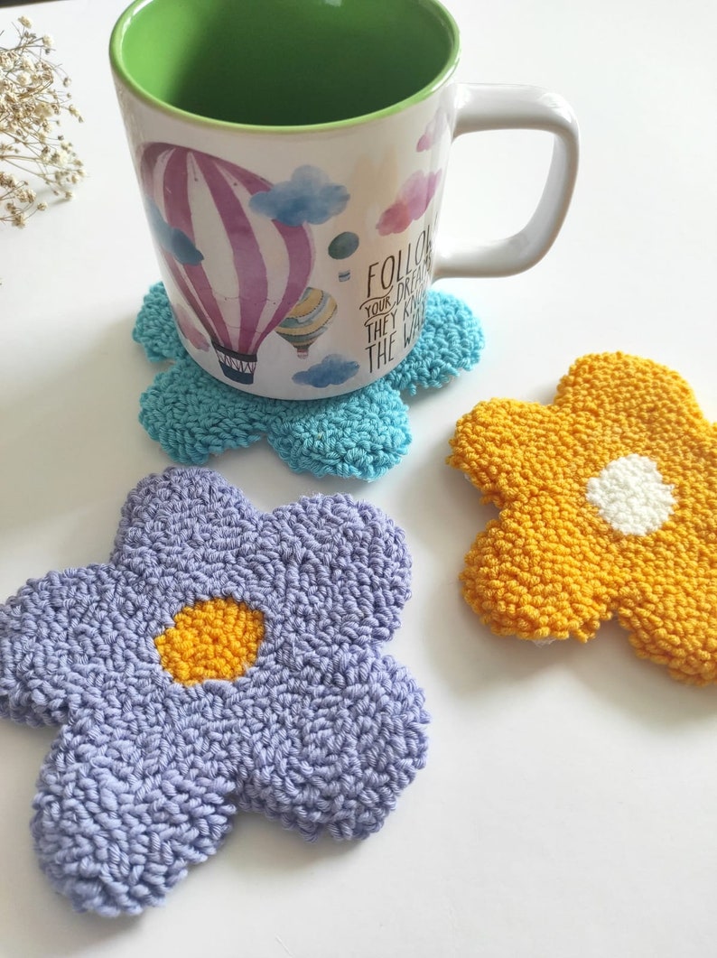 Set of 3 Coasters, Daisy Coaster Set, Colorful Mug Rug, Flower Coasters, Punch Needle Coasters, Handmade with Love image 2