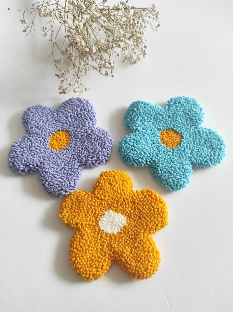 Set of 3 Coasters, Daisy Coaster Set, Colorful Mug Rug, Flower Coasters, Punch Needle Coasters, Handmade with Love image 1