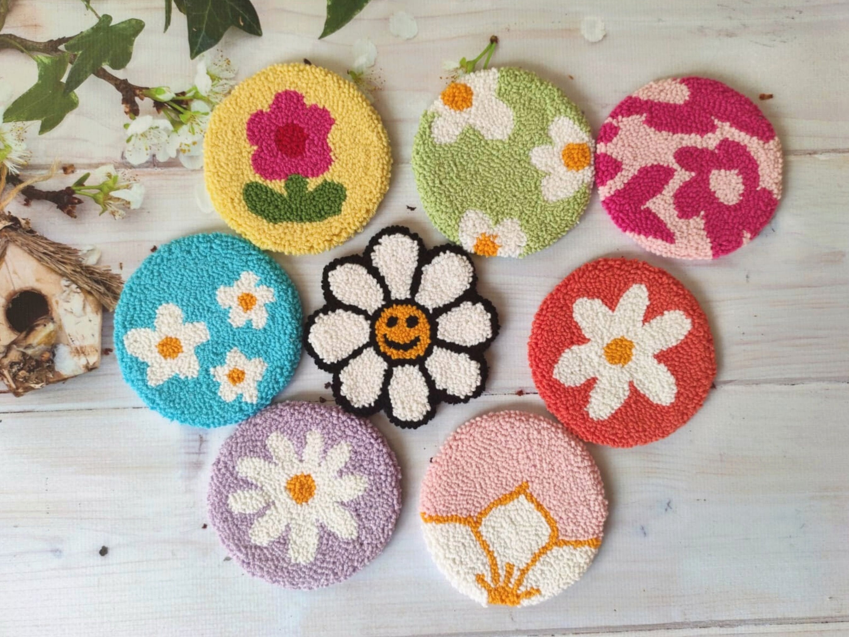 Handmade Punch Needle Coasters: Colorful Daisy Mug Rug - Etsy