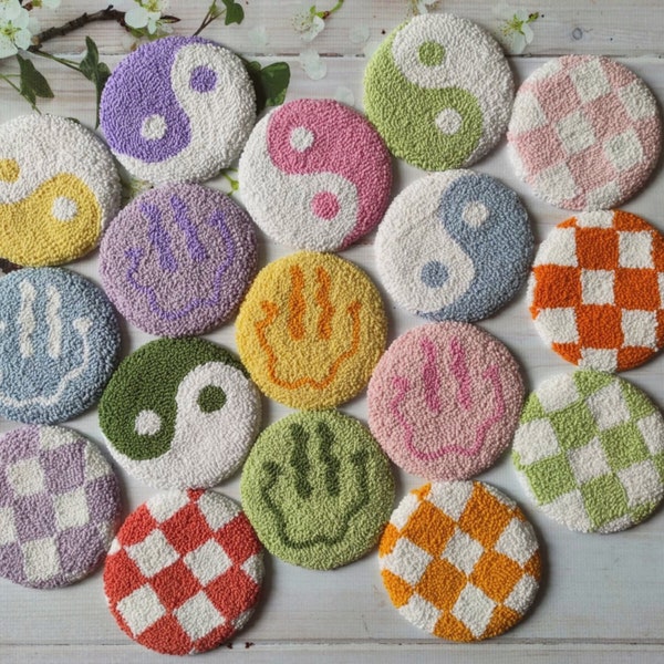 Colorful Punch Needle Coasters, Yin Yang, Checkered, Smile Face, Handmade Gift, Tufted Mug Rug