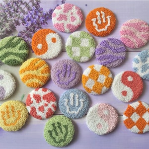 Punch Needle Car Coasters (Set of 2): Yin Yang, Checkered, Dalmatian