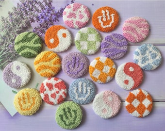 Punch Needle Car Coasters (Set of 2): Yin Yang, Checkered, Dalmatian